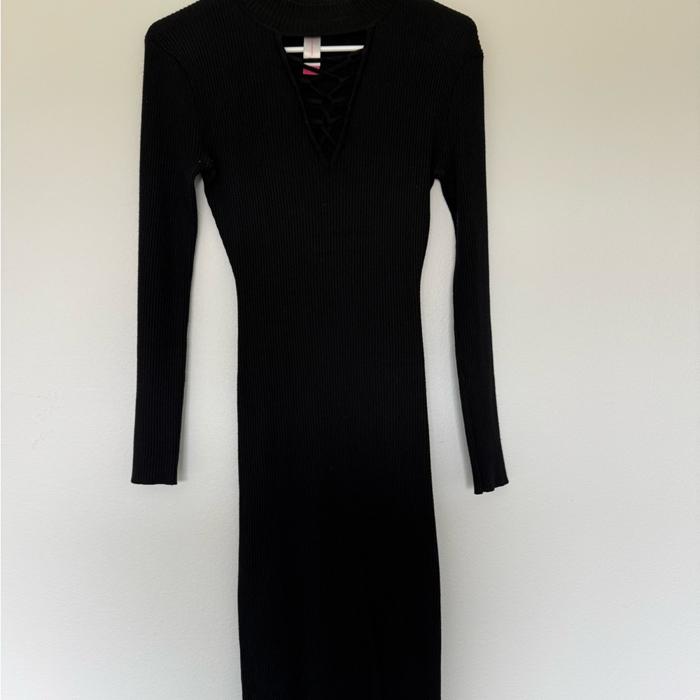 No Boundaries Black Ribbed Long-Sleeve Lace-Up V-Neck Dress